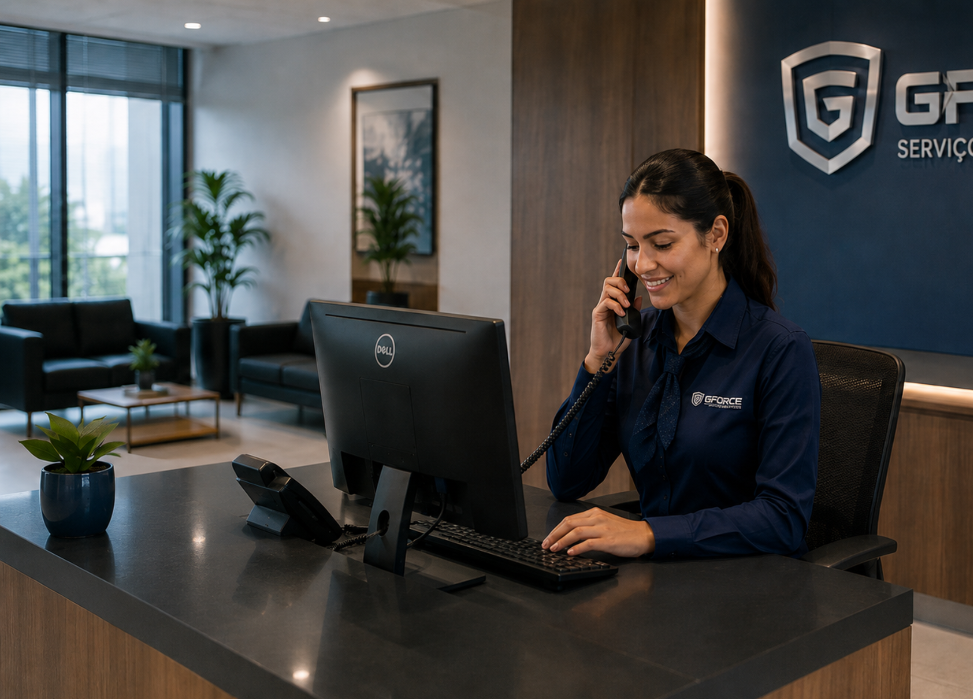 Profissional de recepção realizando atendimento telefônico