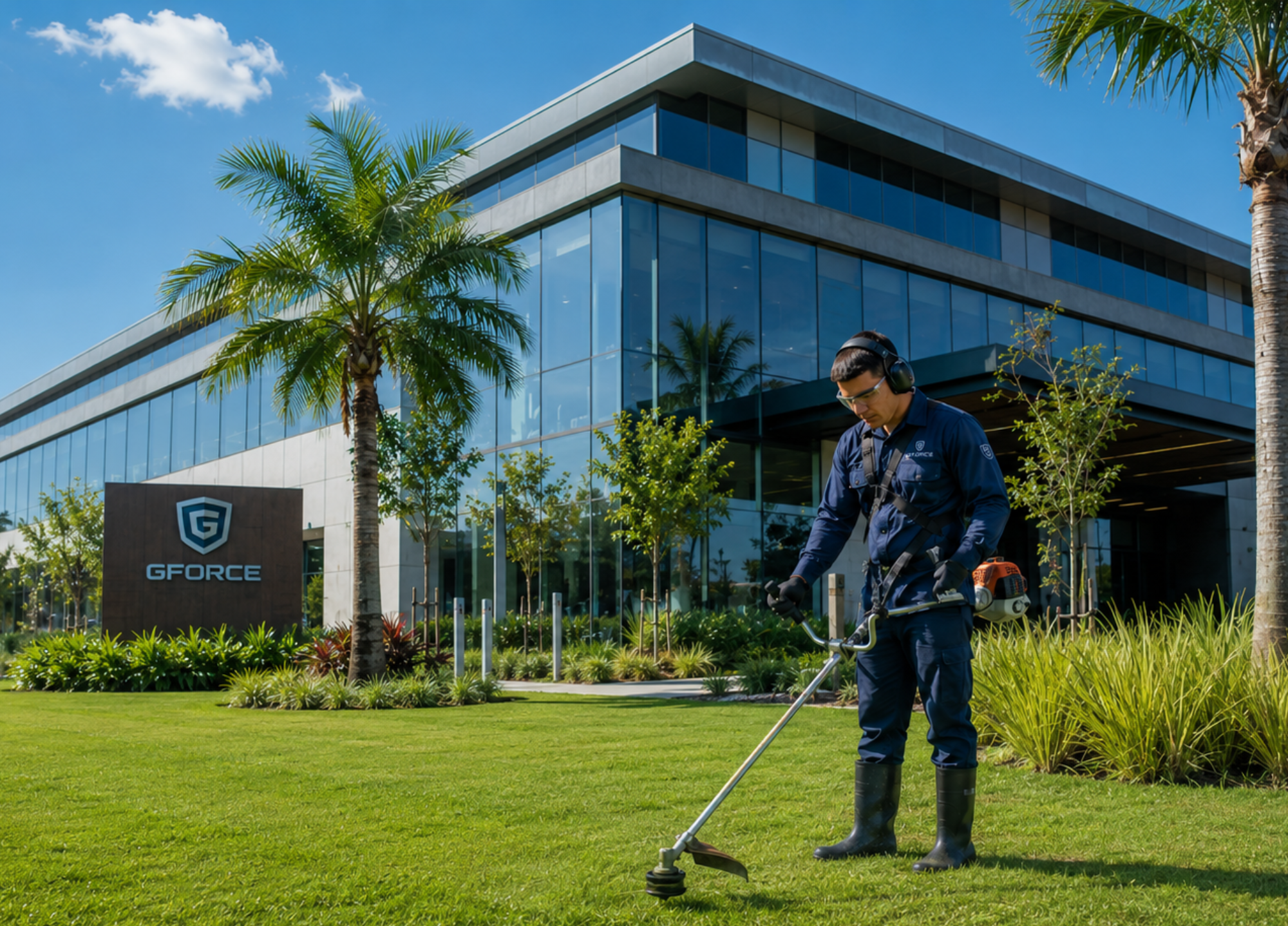 Profissional realizando manutenção de jardim corporativo