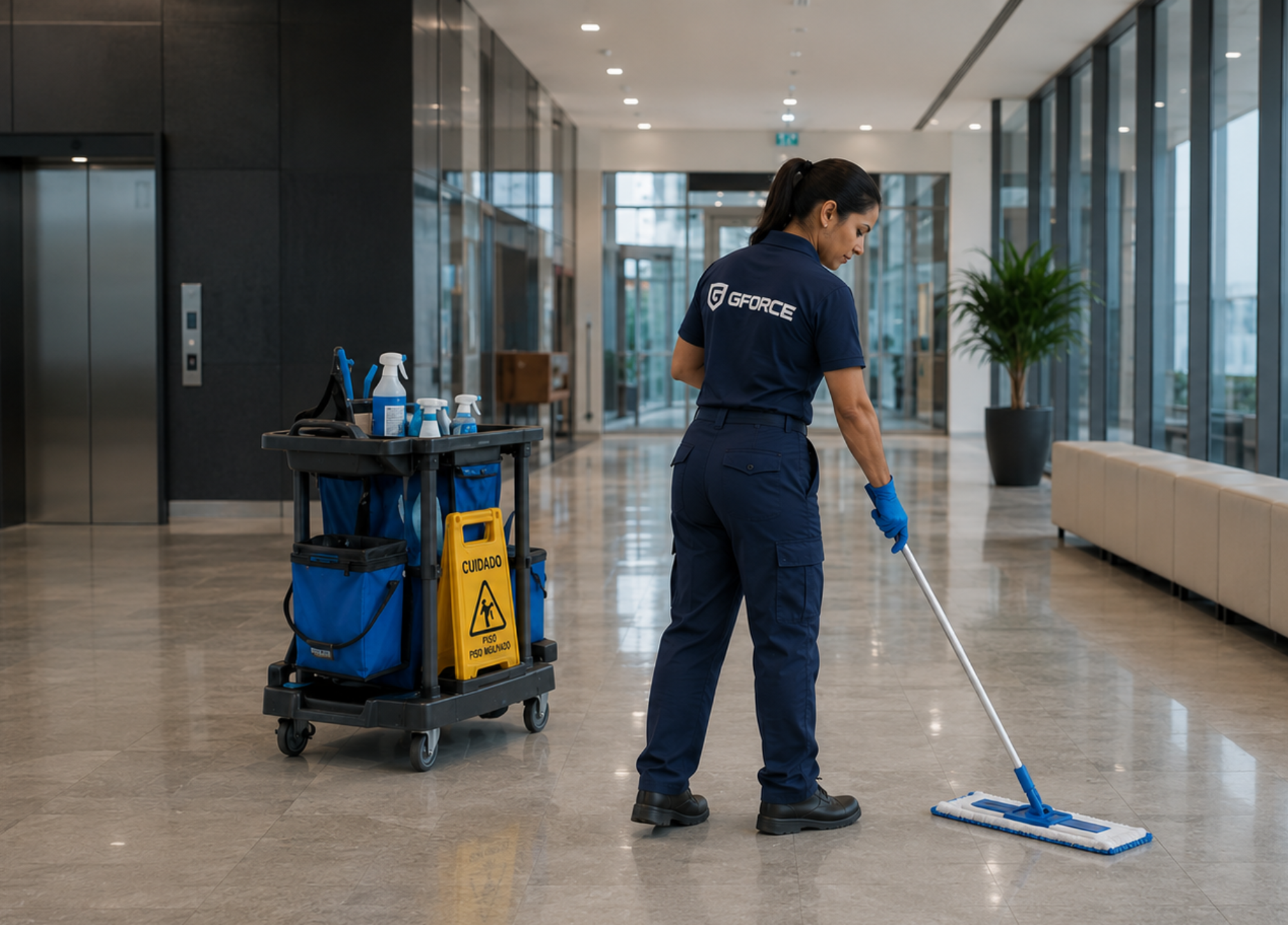 Profissional realizando limpeza em ambiente corporativo