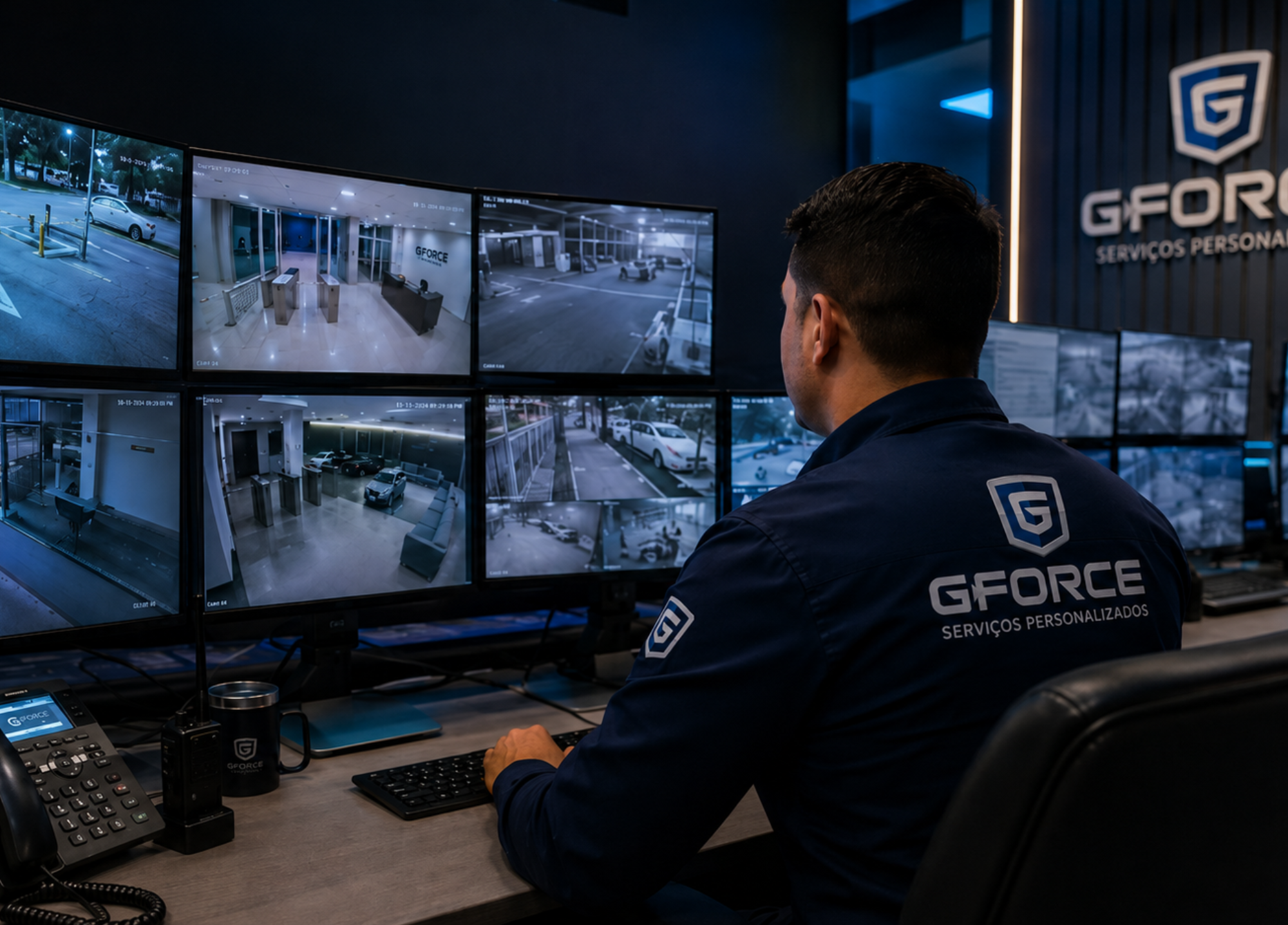 Profissional acompanhando câmeras em uma central de monitoramento