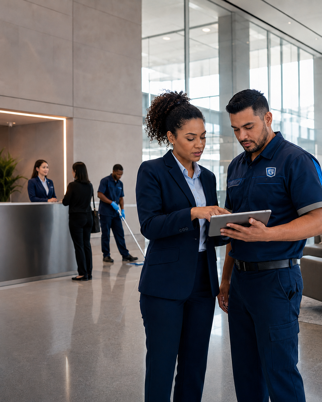 Supervisora e profissional de Facilities analisando a operação em um tablet, com recepção e limpeza ao fundo