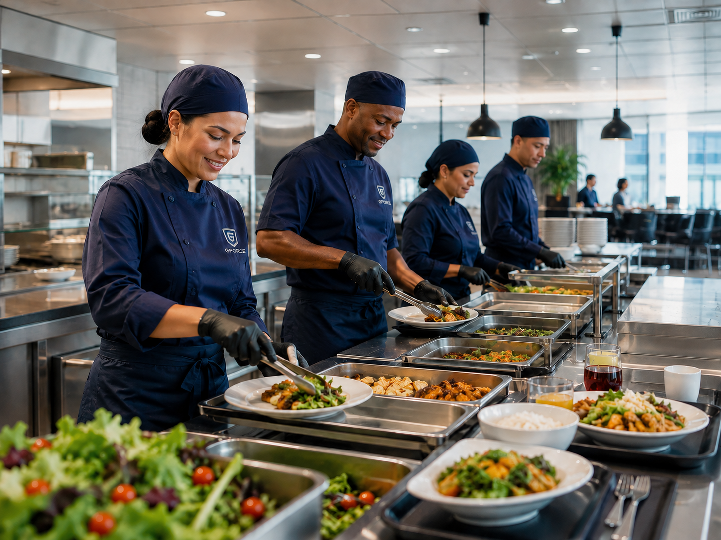 Equipe profissional da GFORCE preparando e organizando refeições em uma operação de alimentação